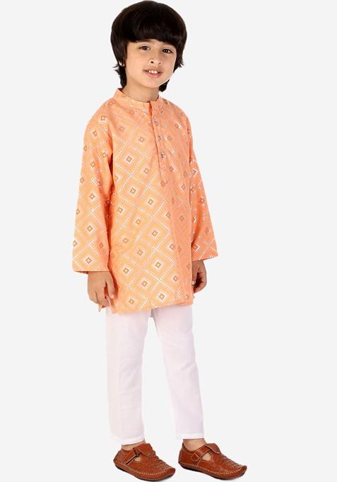Boys Ethnic Motifs Printed Band Collar Pure Cotton Kurta With Pyjamas