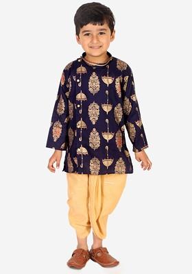 Boys Navy Blue Ethnic Motifs Embroidered Angrakha Gotta Patti Pure Cotton Kurta With Dhoti Pants