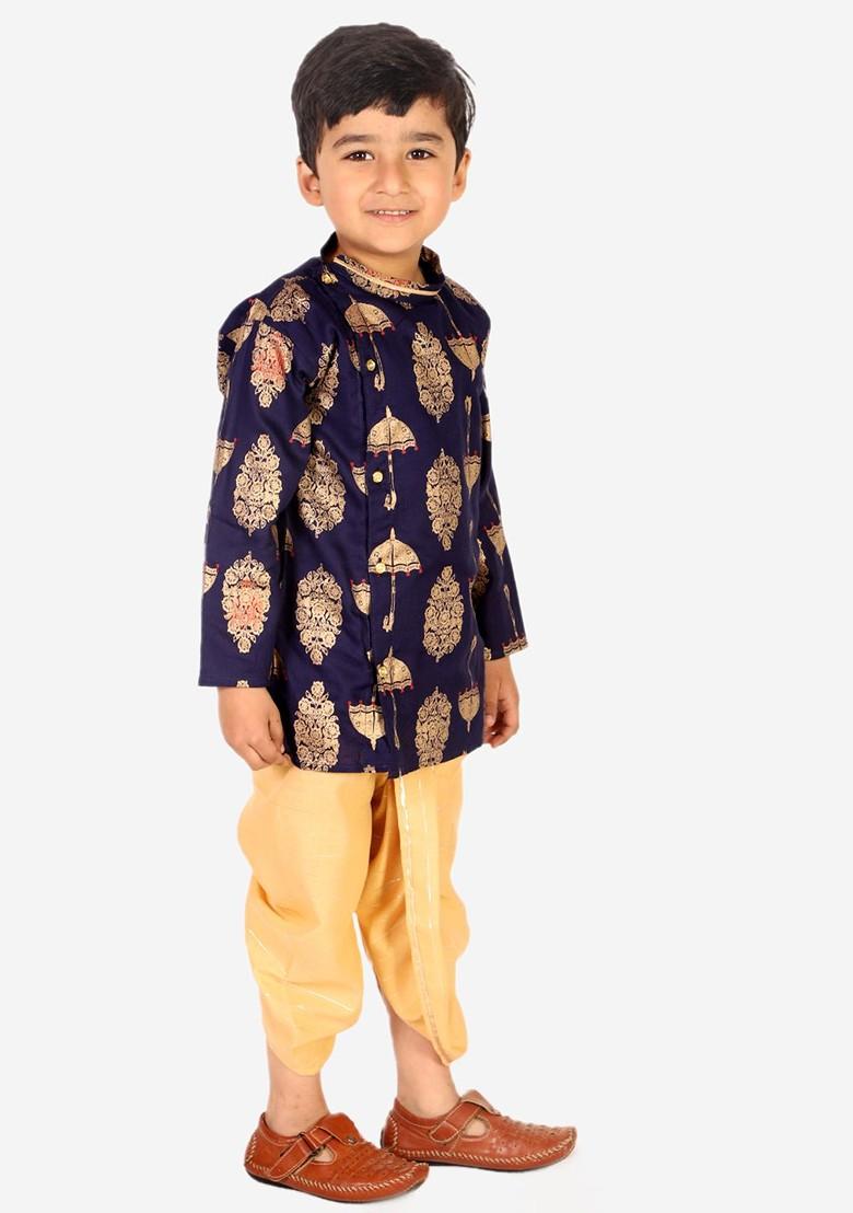 Boys Navy Blue Ethnic Motifs Embroidered Angrakha Gotta Patti Pure Cotton Kurta With Dhoti Pants