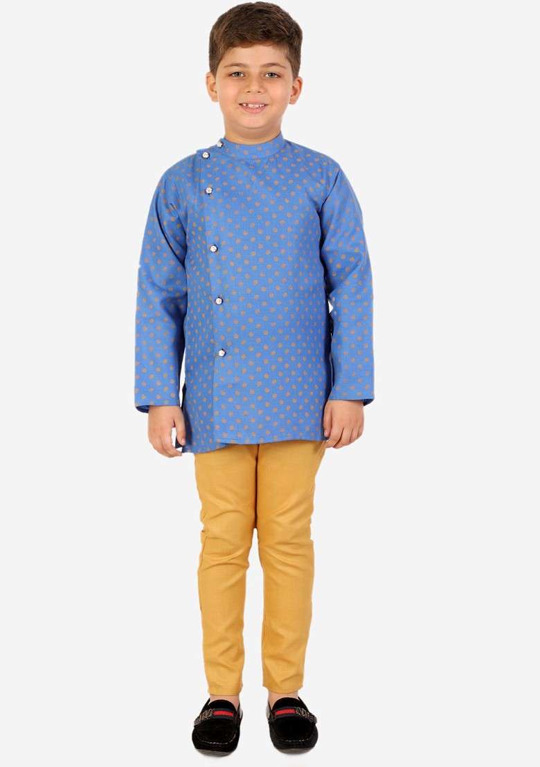 Boys Blue Angrakha Pure Cotton Kurta With Pyjamas - Indya