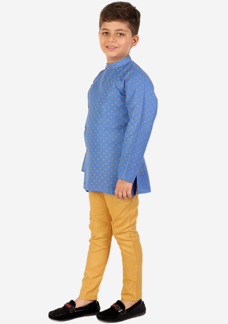 Boys Blue Angrakha Pure Cotton Kurta With Pyjamas