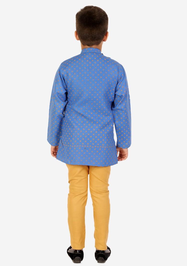 Boys Blue Angrakha Pure Cotton Kurta With Pyjamas