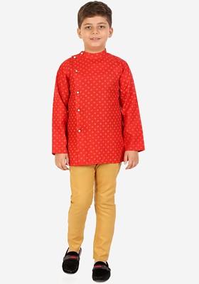 Boys Red Ethnic Motifs Pure Cotton Kurta With Pyjamas