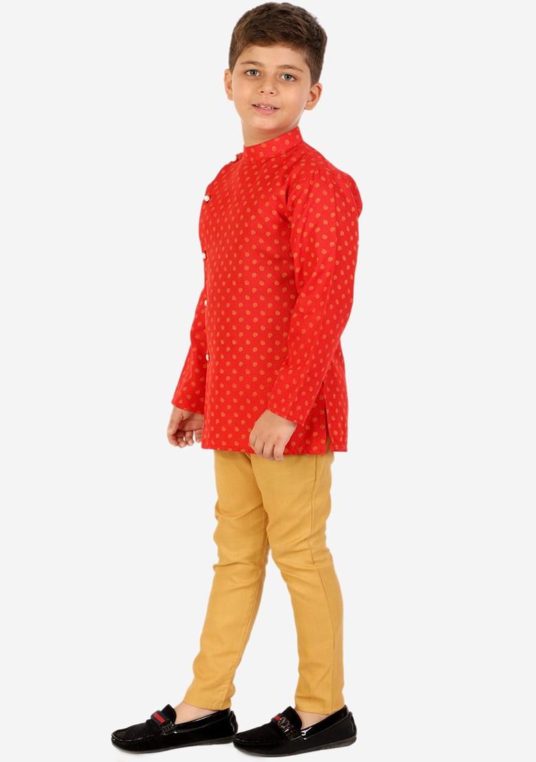 Boys Red Ethnic Motifs Pure Cotton Kurta With Pyjamas