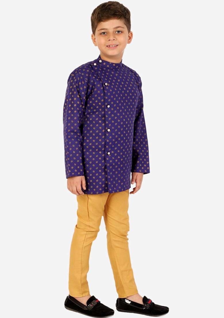 Boys Navy Blue Pure Cotton Kurta With Pyjamas - Indya