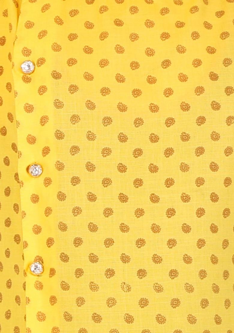 Boys Yellow Printed Layered Pure Cotton Kurta With Pyjamas