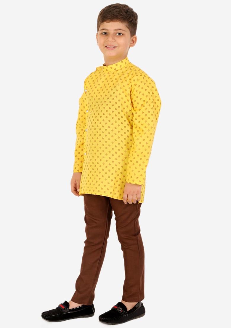 Boys Yellow Printed Layered Pure Cotton Kurta With Pyjamas