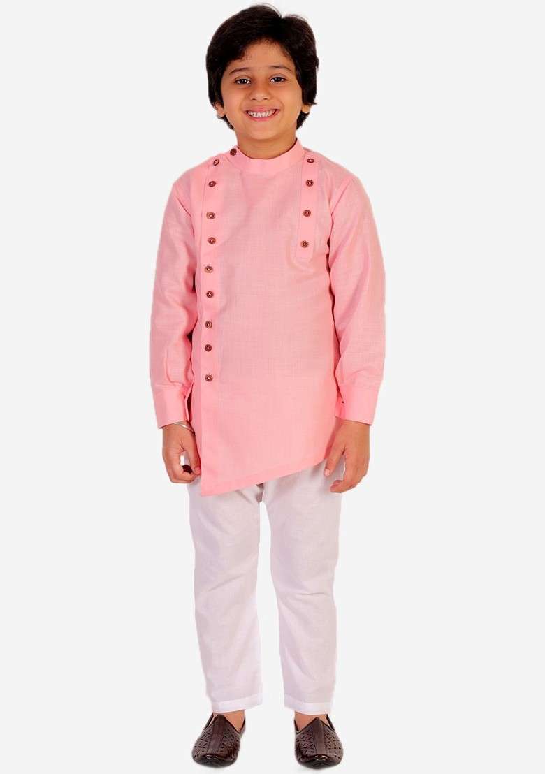 Boys Pink Solid Pure Cotton Kurta With Pyjamas - Indya