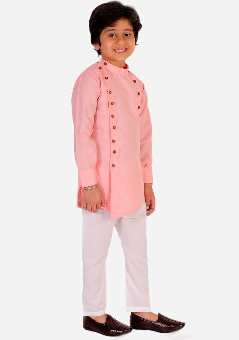 Boys Pink Solid Pure Cotton Kurta With Pyjamas - Indya