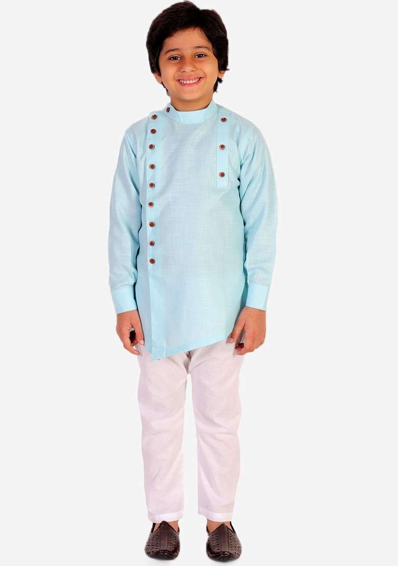 Boys Turquoise Blue Pure Cotton Kurta With Pyjamas - Indya