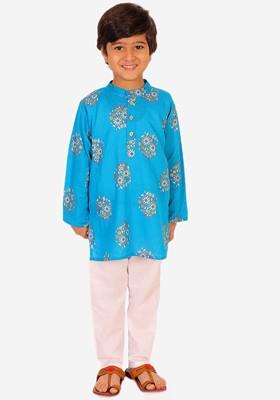 Boys Turquoise Blue Floral Printed Pure Cotton Kurta With Pyjamas