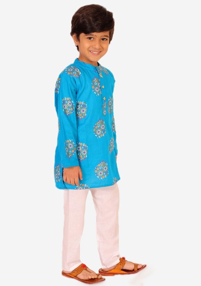 Boys Turquoise Blue Floral Printed Pure Cotton Kurta With Pyjamas