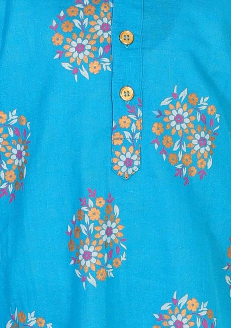 Boys Turquoise Blue Floral Printed Pure Cotton Kurta With Pyjamas - Indya
