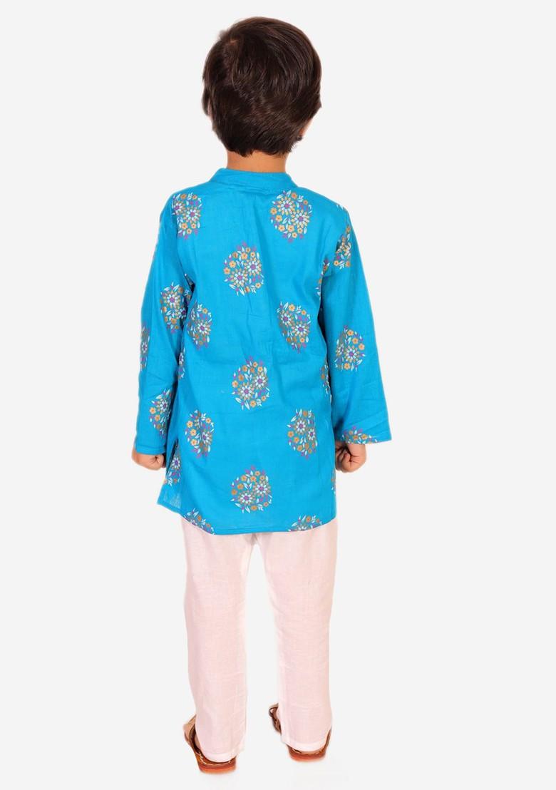 Boys Turquoise Blue Floral Printed Pure Cotton Kurta With Pyjamas