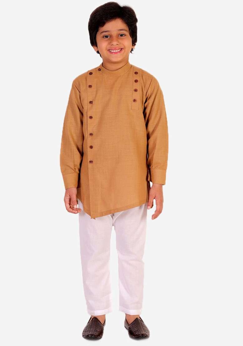 Boys Beige Pure Cotton Kurta With Pyjamas - Indya