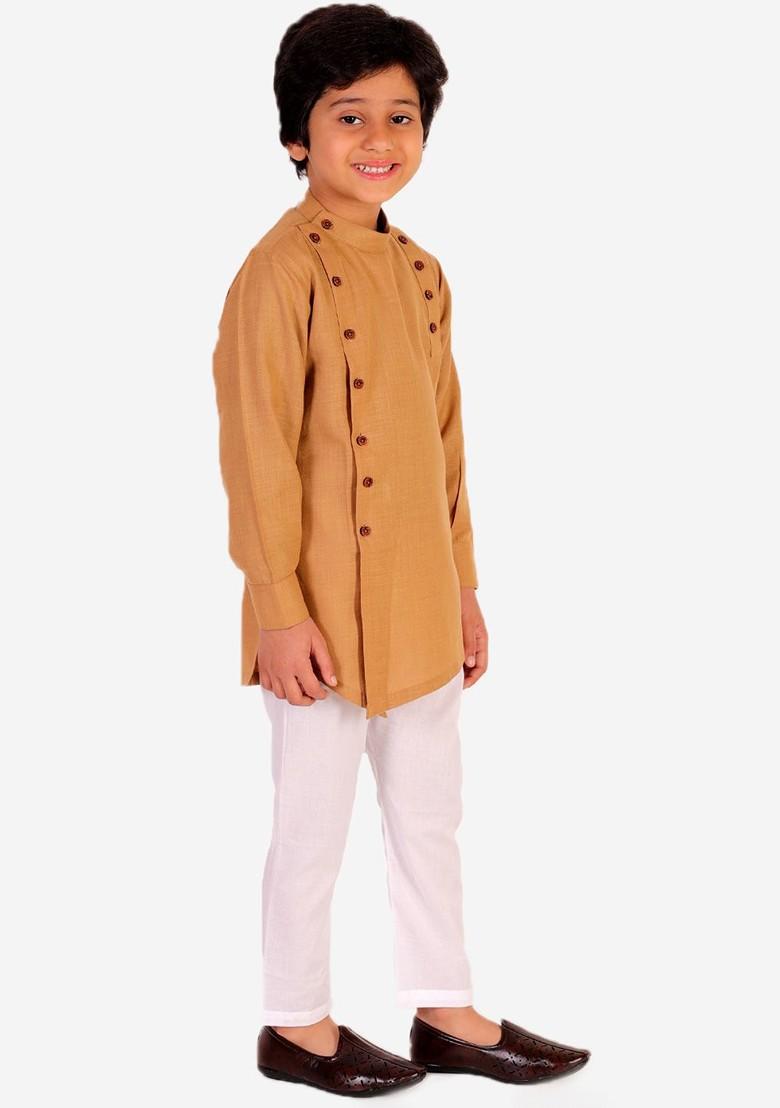 Boys Beige Pure Cotton Kurta With Pyjamas