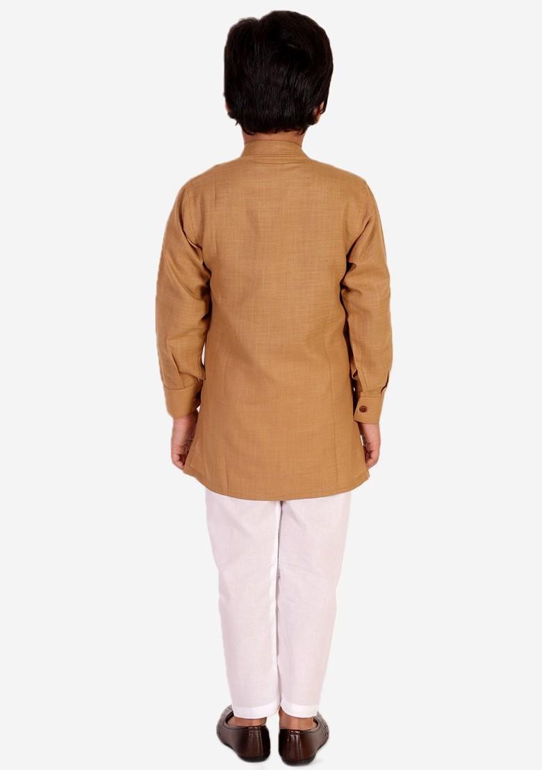 Boys Beige Pure Cotton Kurta With Pyjamas