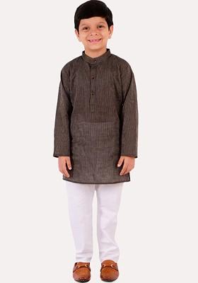Boys Brown Striped Regular Pure Cotton Kurta With Pyjamas
