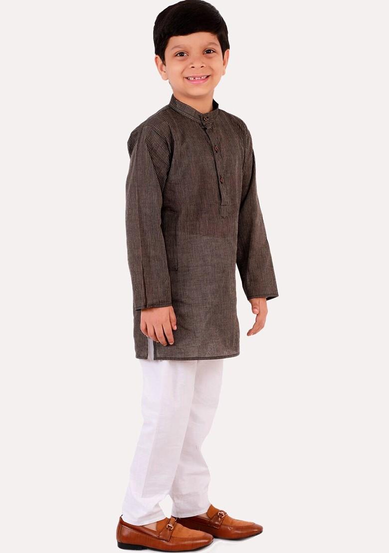Boys Brown Striped Regular Pure Cotton Kurta With Pyjamas