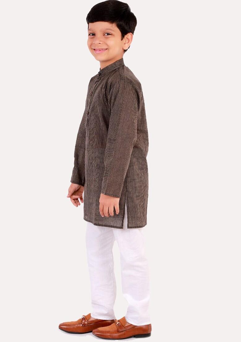 Boys Brown Striped Regular Pure Cotton Kurta With Pyjamas
