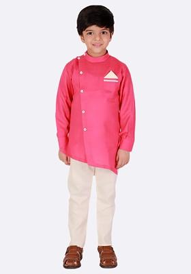 Boys Magenta Angrakha Pure Cotton Kurta With Pyjamas