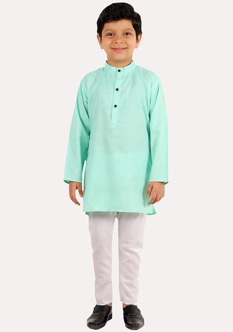 Boys Green Regular Pure Cotton Kurta With Pyjamas — view on Indya