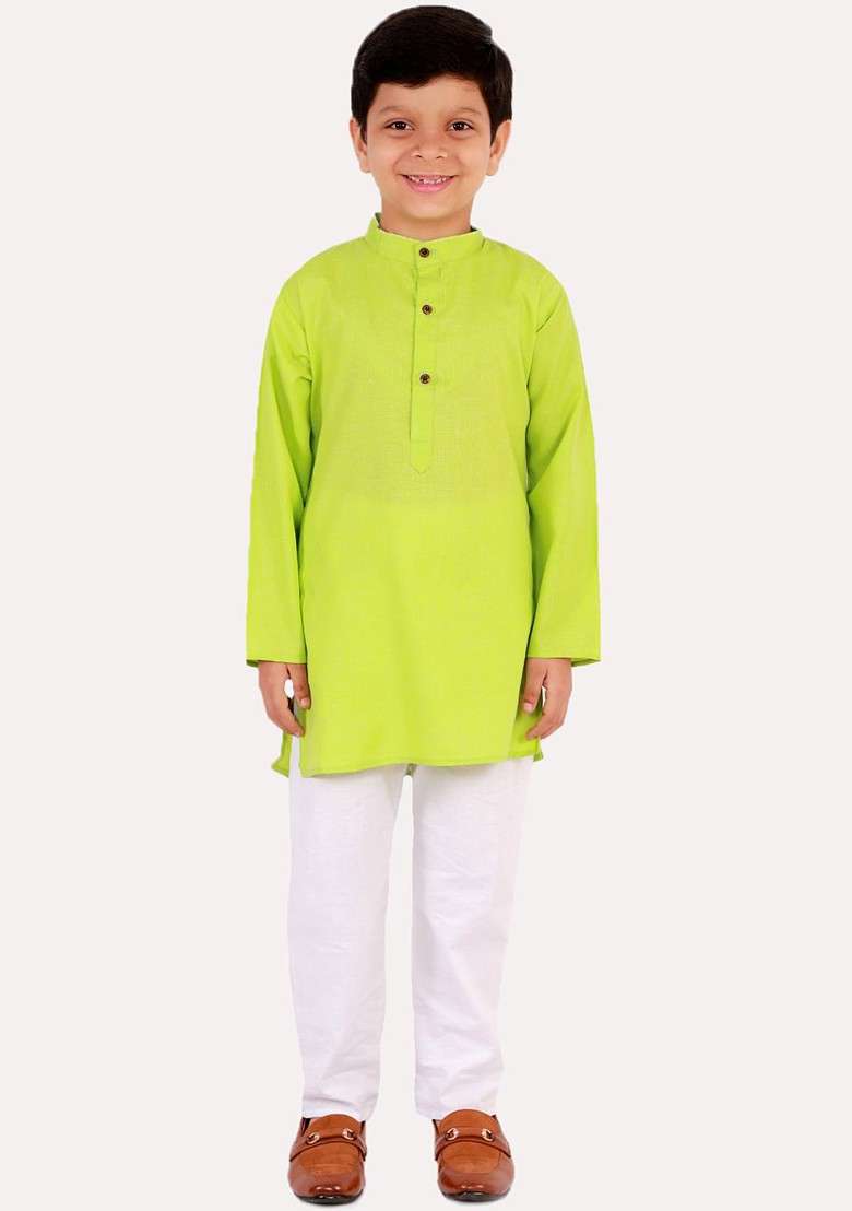 Boys Green Regular Pure Cotton Kurta With Pyjamas - Indya