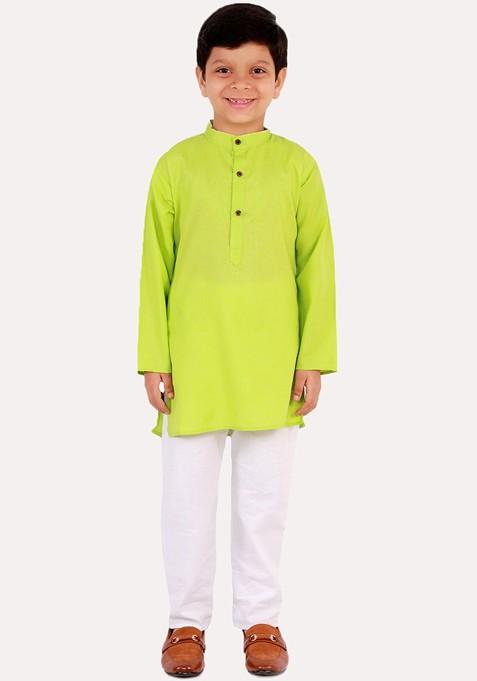 Boys Green Regular Pure Cotton Kurta With Pyjamas — view on Indya