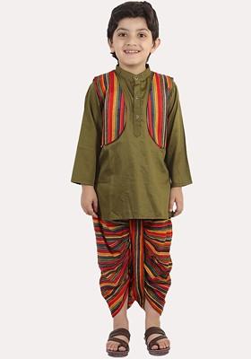 Boys Green Layered Pure Cotton Kurta With Dhoti Pants