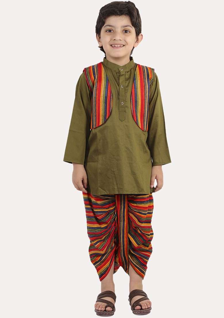 Boys Green Layered Pure Cotton Kurta With Dhoti Pants - Indya