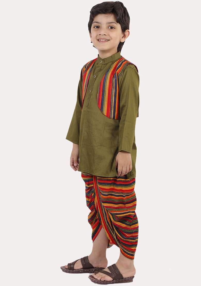 Boys Green Layered Pure Cotton Kurta With Dhoti Pants - Indya