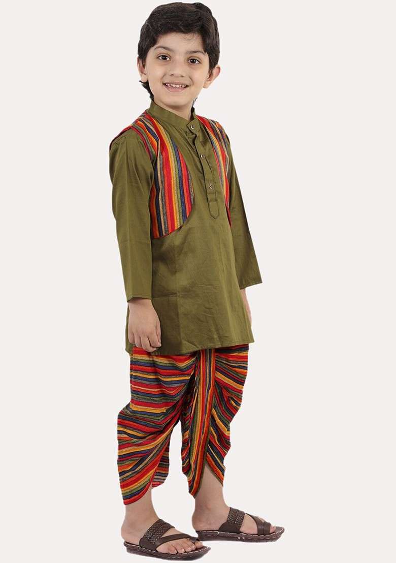 Boys Green Layered Pure Cotton Kurta With Dhoti Pants - Indya