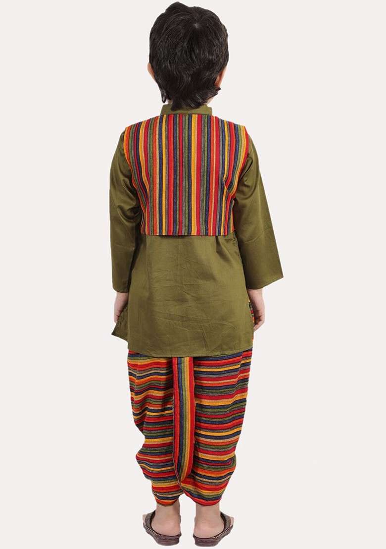 Boys Green Layered Pure Cotton Kurta With Dhoti Pants - Indya