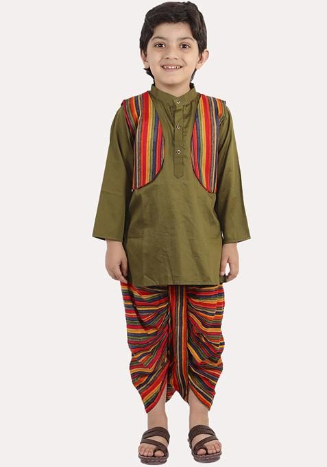 Boys Green Layered Pure Cotton Kurta With Dhoti Pants — view on Indya
