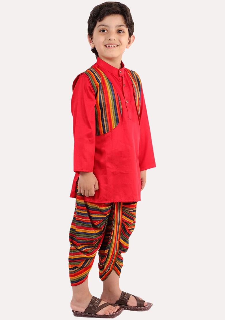 Boys Red Layered Pure Cotton Kurta With Dhoti Pants