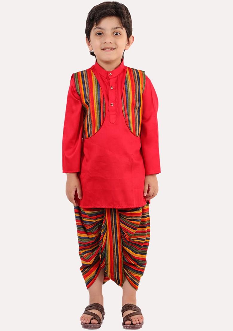Boys Red Layered Pure Cotton Kurta With Dhoti Pants