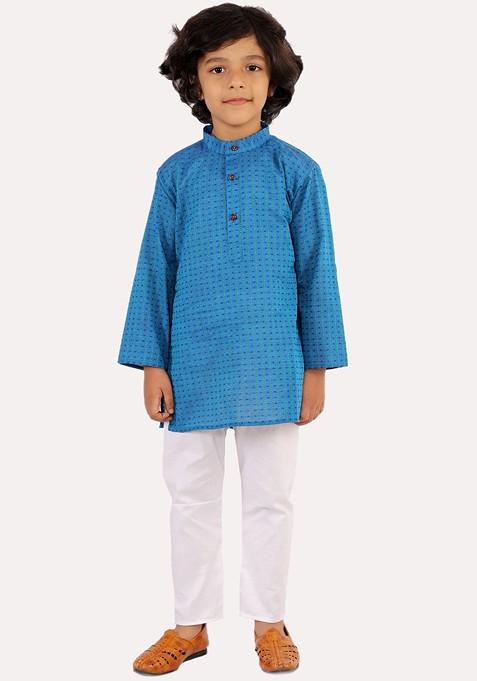 Boys Blue Striped Regular Thread Work Pure Cotton Kurta With Pyjamas