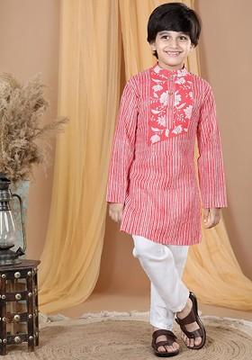 Boys Floral Printed Pure Cotton Round Neck Kurta With Pyjama