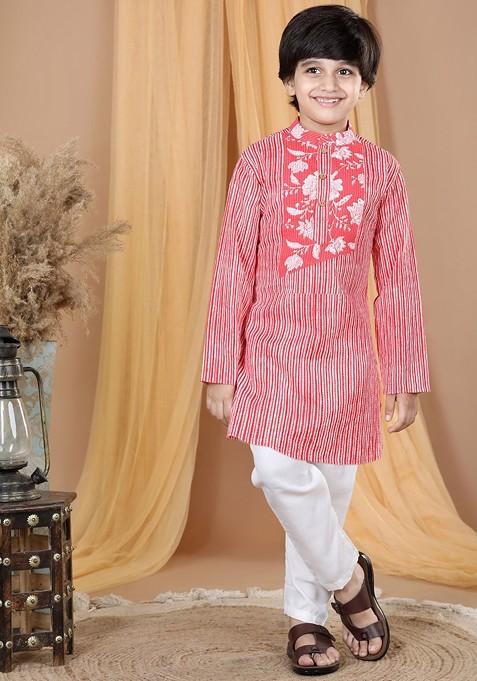 Boys Floral Printed Pure Cotton Round Neck Kurta With Pyjama