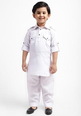 Boys Shirt Collar Long Roll Up Sleeves Kurta With Pyjama