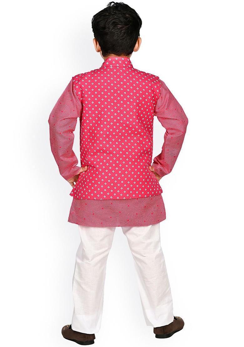 Boys Geometric Printed Straight Kurta With Pyjamas And Waistcoat - Indya