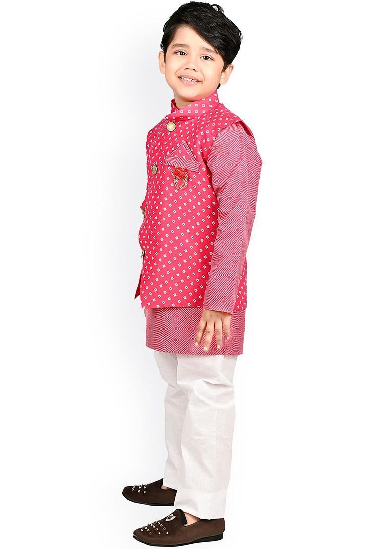 Boys Geometric Printed Straight Kurta With Pyjamas And Waistcoat - Indya