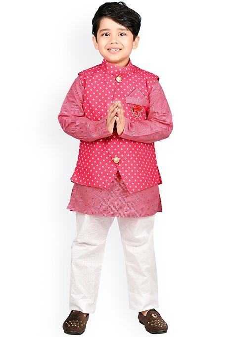 Boys Geometric Printed Straight Kurta With Pyjamas And Waistcoat