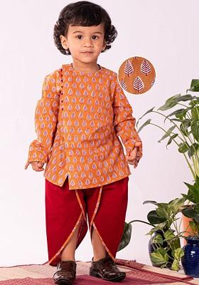 Boys Ethnic Motifs Printed Angrakha Pure Cotton Kurta With Dhoti Pants