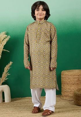 Boys Mustard Yellow Geometric Printed Mandarin Collar Cotton Straight Kurta