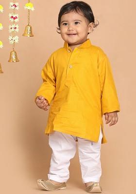 Boys Mustard Yellow Solid Full Sleeve Cotton Kurta