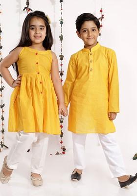 Boys Mustard Yellow Pure Cotton Handloom Kurta With Trousers