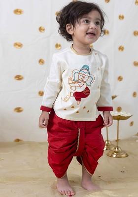 Boys Ethnic Motifs Embroidered Thread Work Pure Cotton Kurta With Dhoti