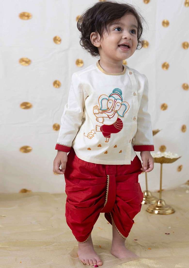 Boys Ethnic Motifs Embroidered Thread Work Pure Cotton Kurta With Dhoti - Indya