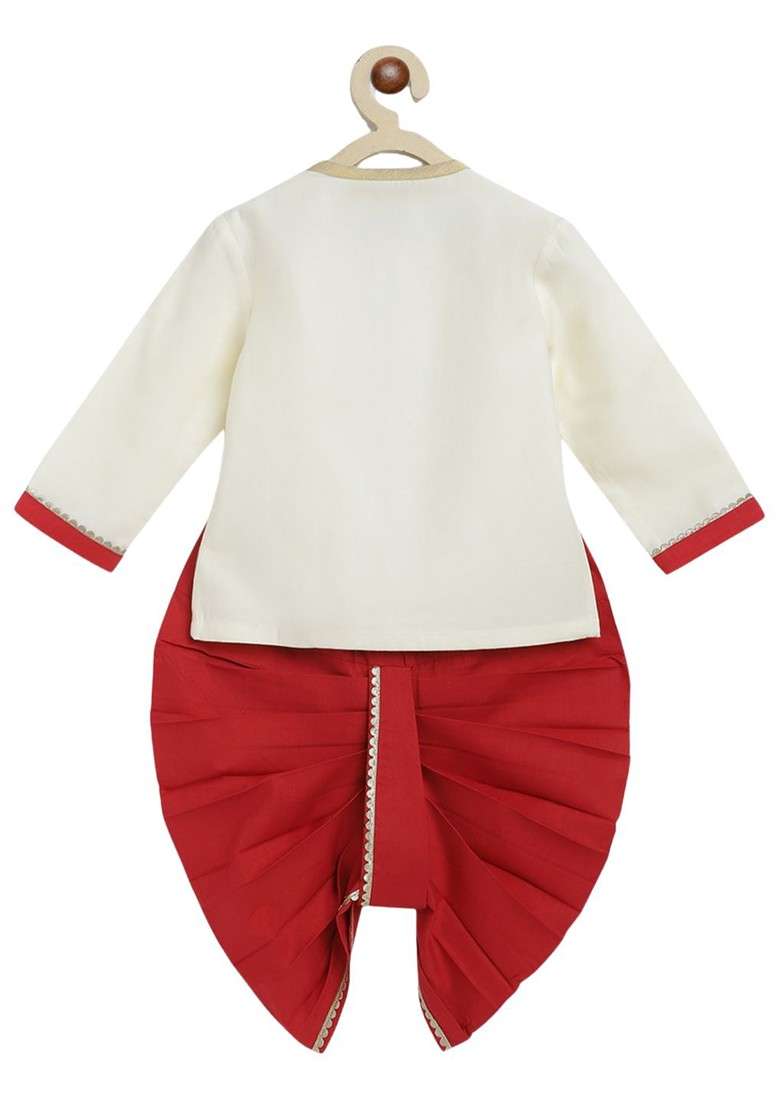 Boys Ethnic Motifs Embroidered Thread Work Pure Cotton Kurta With Dhoti - Indya